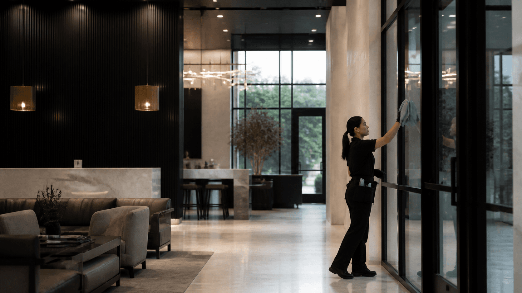 Illustrative commercial lobby cleaning scene